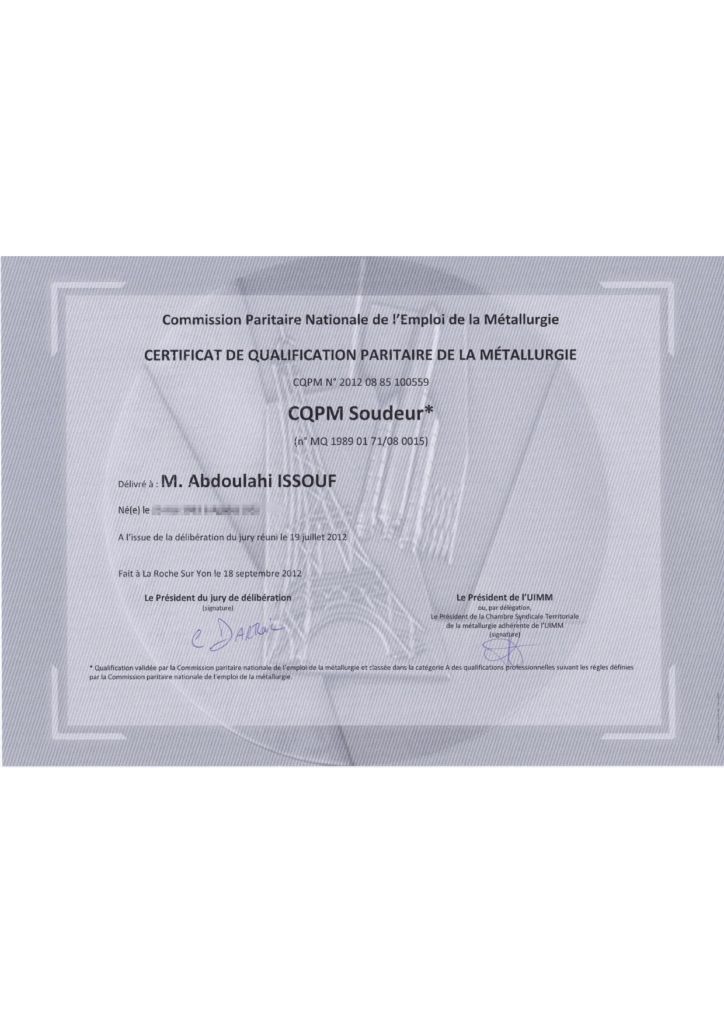 diplôme soudeur